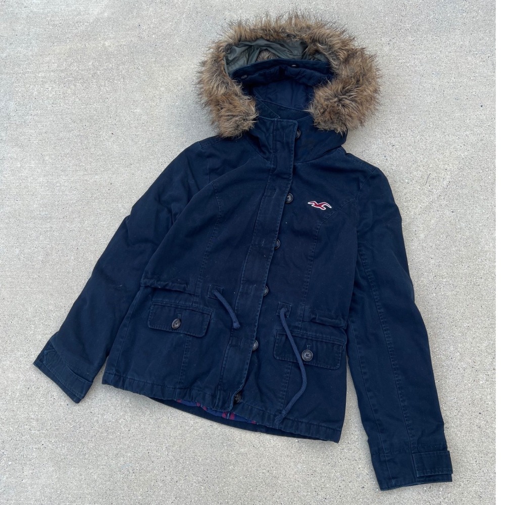 Hollister Parka Jacket Womens Medium Navy Blue Faux Fur Hood Plaid Lined Utility